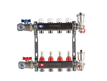 Коллектор ROMMER 1"х3/4" 4 выхода в сборе с расходомерами