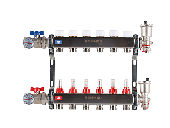 Коллектор ROMMER 1"х3/4" 6 выходов в сборе с расходомерами