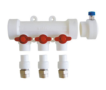 Kalde Коллектор с воздухоотводчиком и запорными кранами (4 выхода) цвет ручек красный