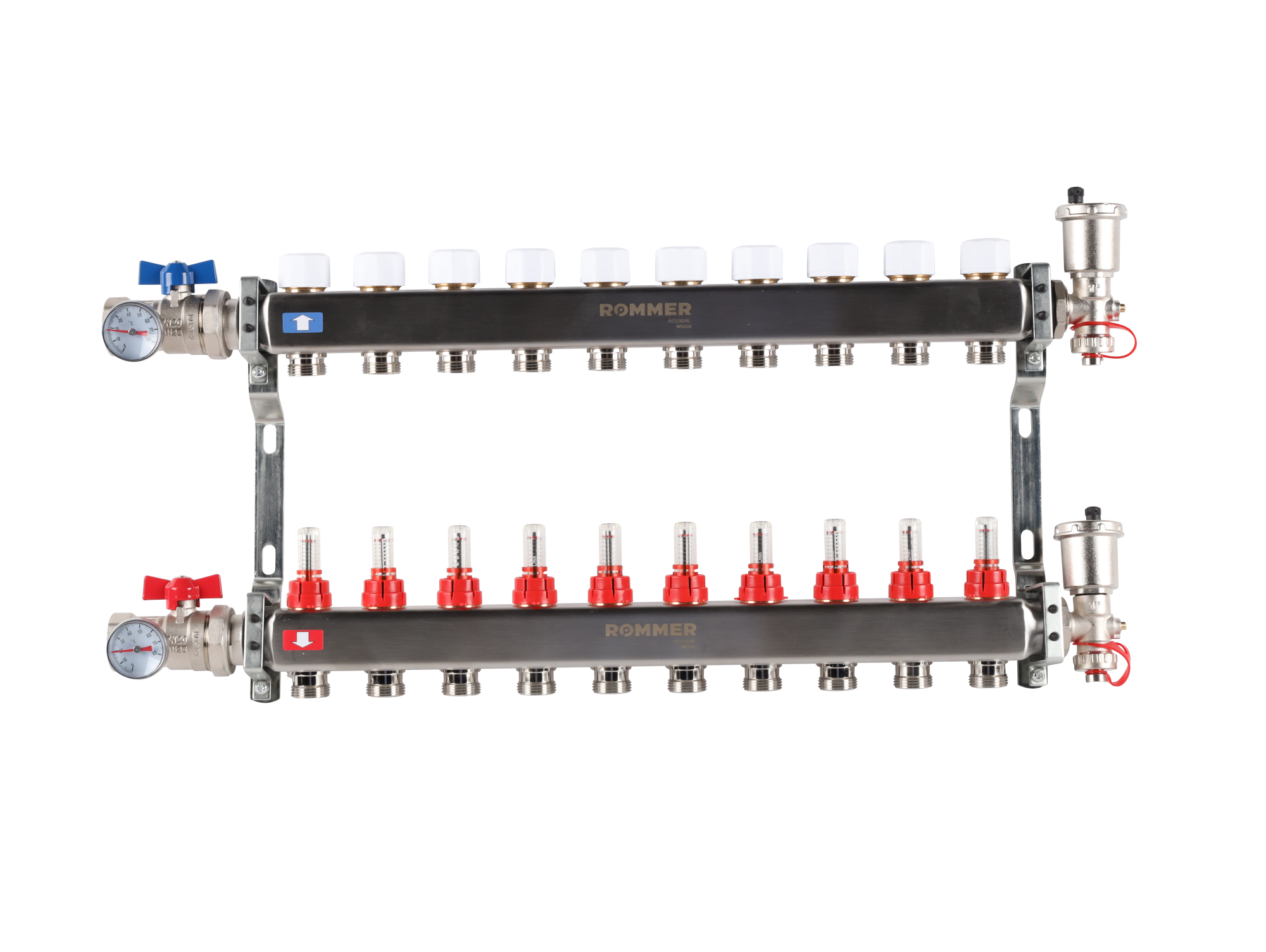 Коллектор ROMMER 1"х3/4" 10 выходов в сборе с расходомерами