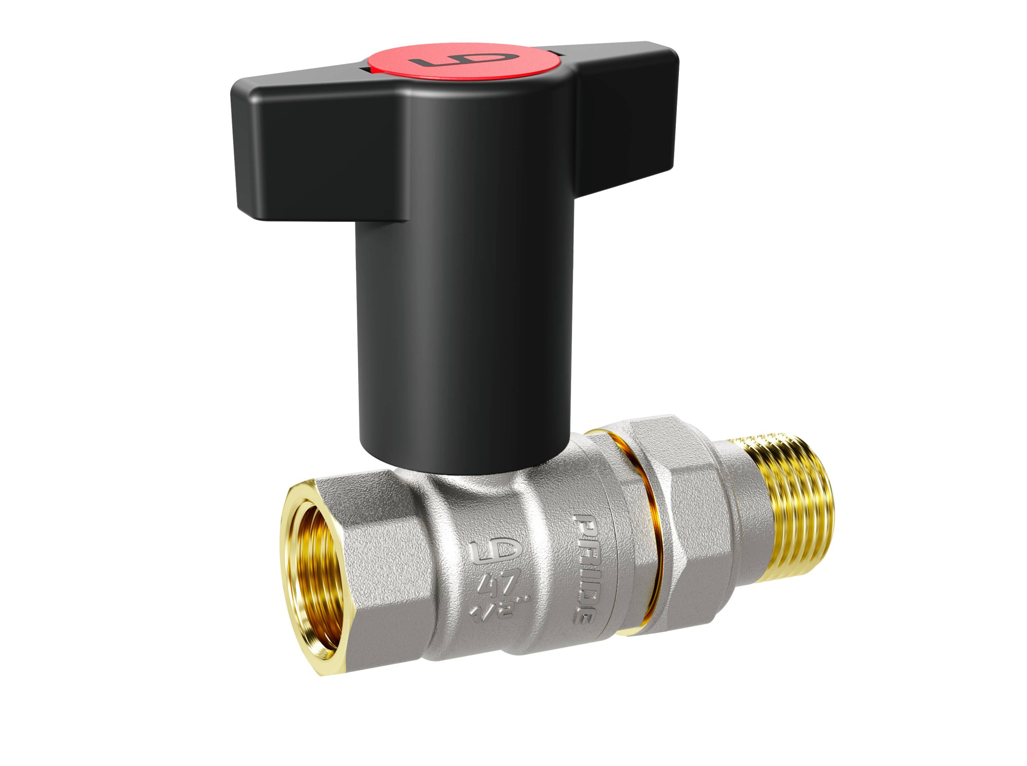 Кран шаровой LD Pride Ду15 Ру40 ВР/американка (с Т-рукояткой красной) никель