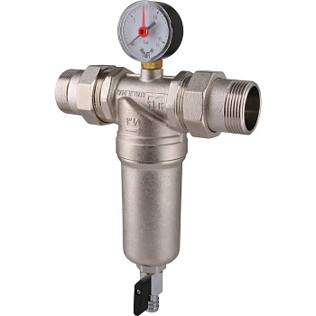 Промывной фильтр TIEMME 1 1/4 с манометром со сгонами (латунная колба)