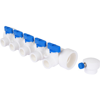 Kalde Коллектор с воздухоотводчиком и запорными кранами (5 выходов) цвет ручек синий