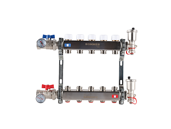 Коллектор ROMMER 1"х3/4" 5 выходов в сборе с запорными клапанами