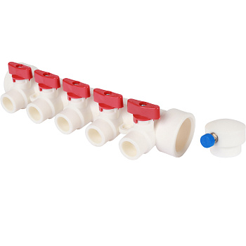 Kalde Коллектор с воздухоотводчиком и запорными кранами (5 выходов) цвет ручек красный