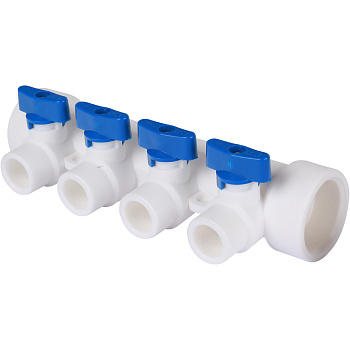 Kalde Коллектор с запорными кранами для полипропиленовых труб (4 выхода) цвет ручек синий