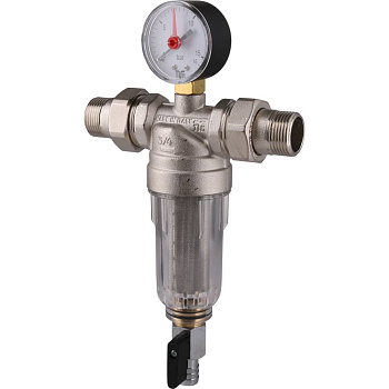 Промывной фильтр TIEMME 3/4 с манометром со сгонами (пластиковая колба)