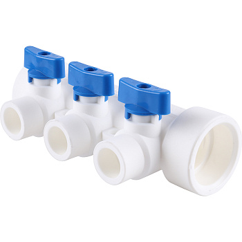 Kalde Коллектор с воздухоотводчиком и запорными кранами (3 выхода) цвет ручек синий