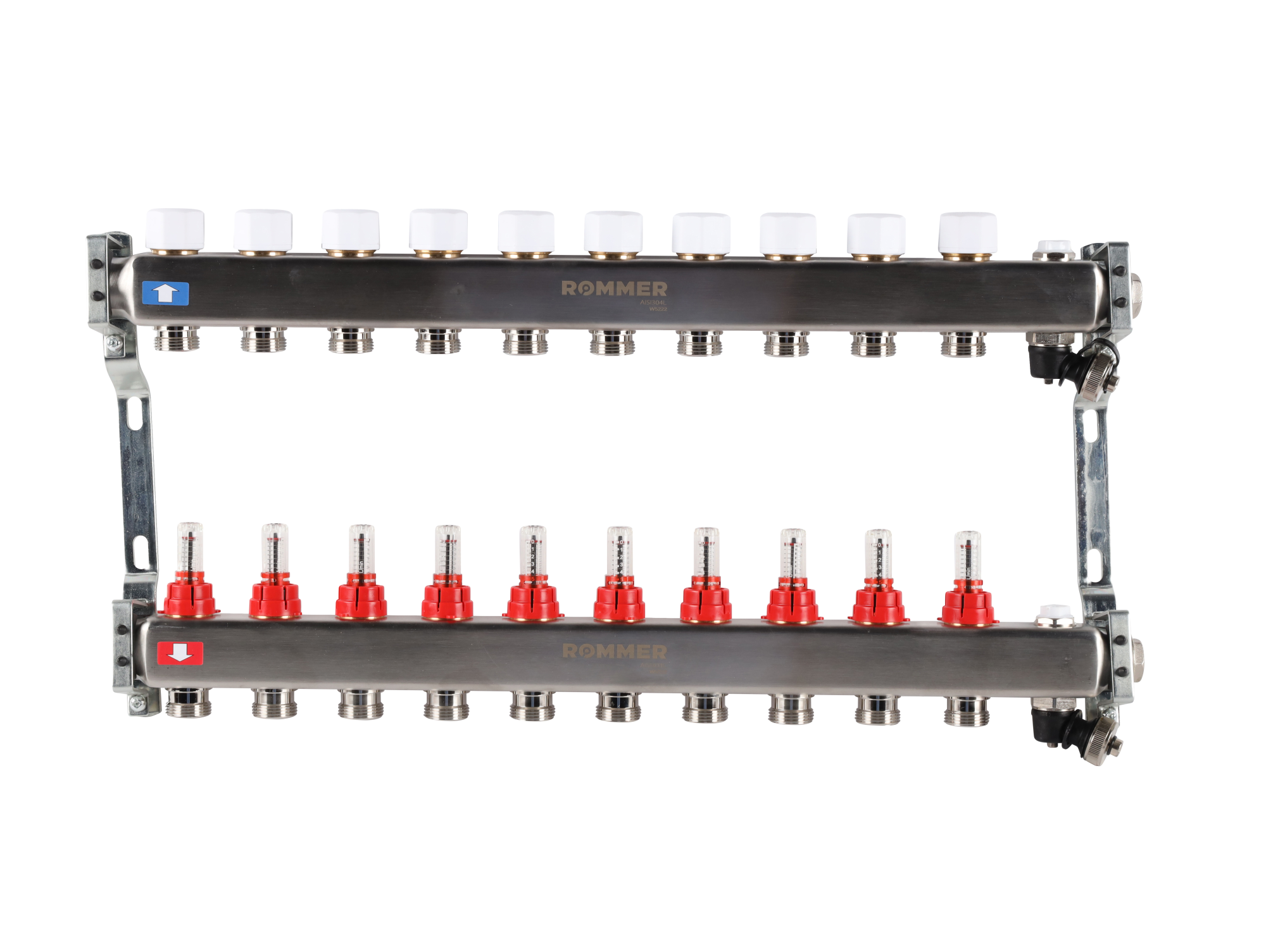 Коллектор ROMMER 1"х3/4" 10 выходов с расходомерами с клапаном выпуска воздуха и сливом