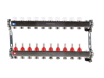 Коллектор ROMMER 1"х3/4" 10 выходов с расходомерами с клапаном выпуска воздуха и сливом