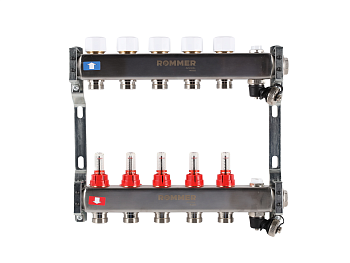 Коллектор ROMMER 1"х3/4" 5 выходов с расходомерами с клапаном выпуска воздуха и сливом
