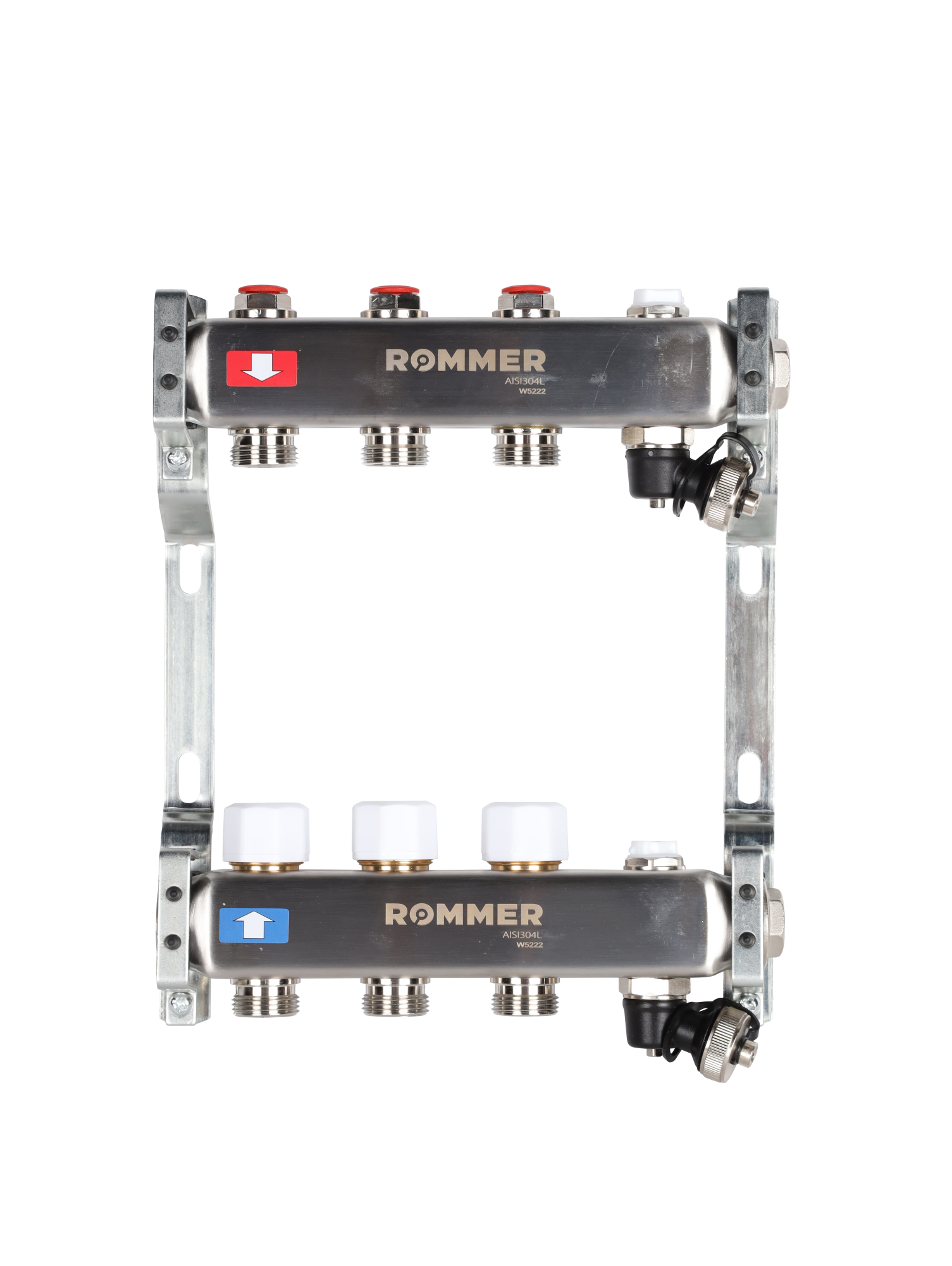 Коллектор ROMMER 1"х3/4" 3 выхода с запорными клапанами с клапаном выпуска воздуха и сливом