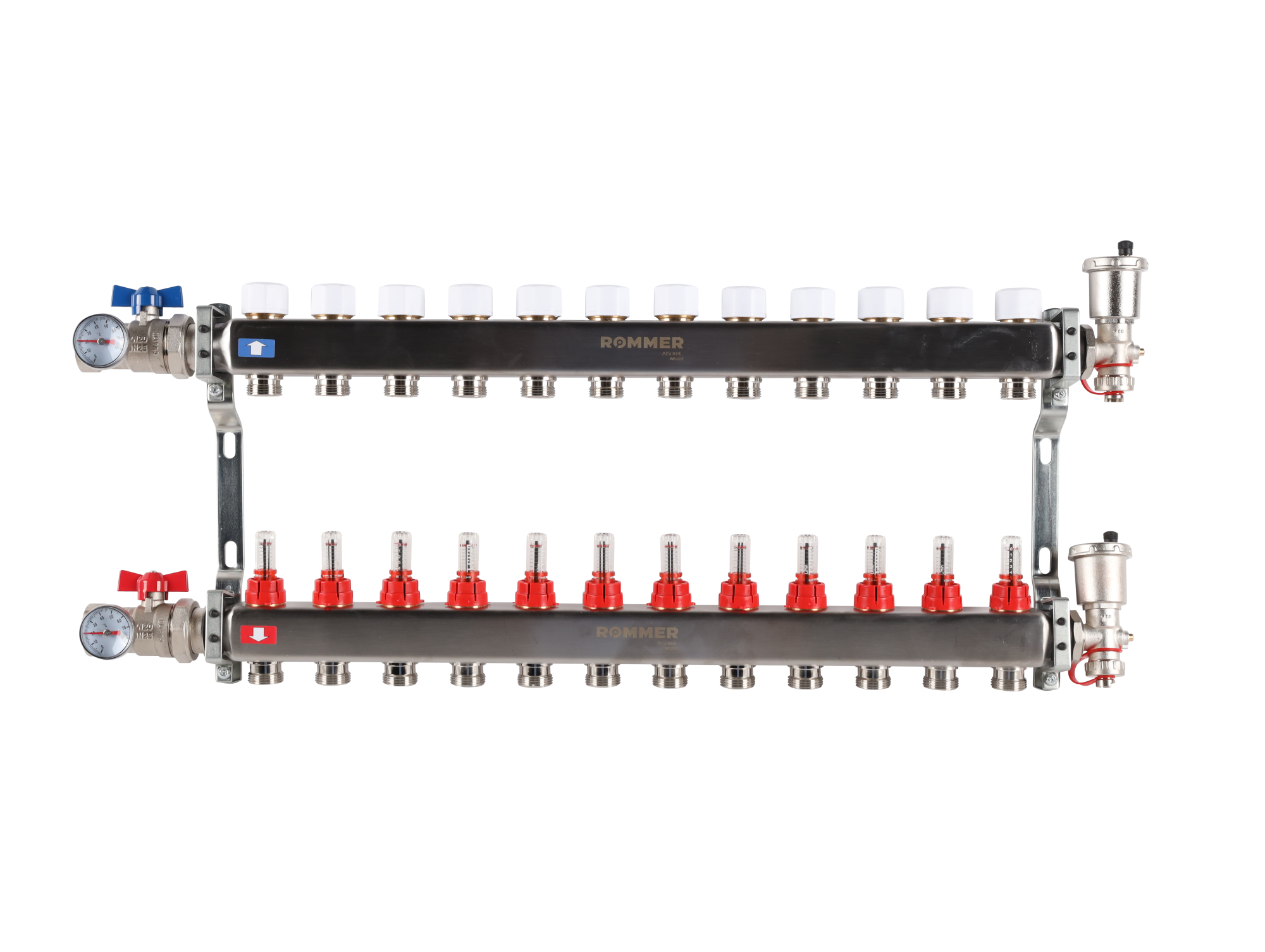 Коллектор ROMMER 1"х3/4" 12 выходов в сборе с расходомерами
