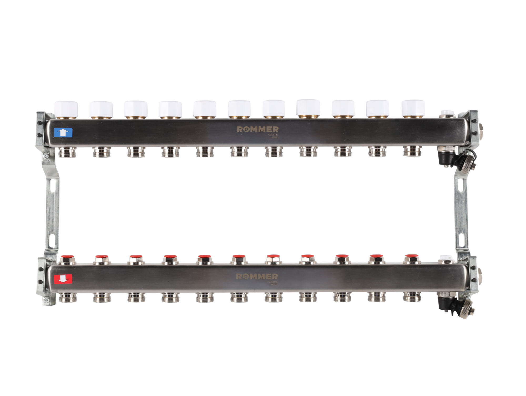 Коллектор ROMMER 1"х3/4" 11 выходов с запорными клапанами с клапаном выпуска воздуха и сливом