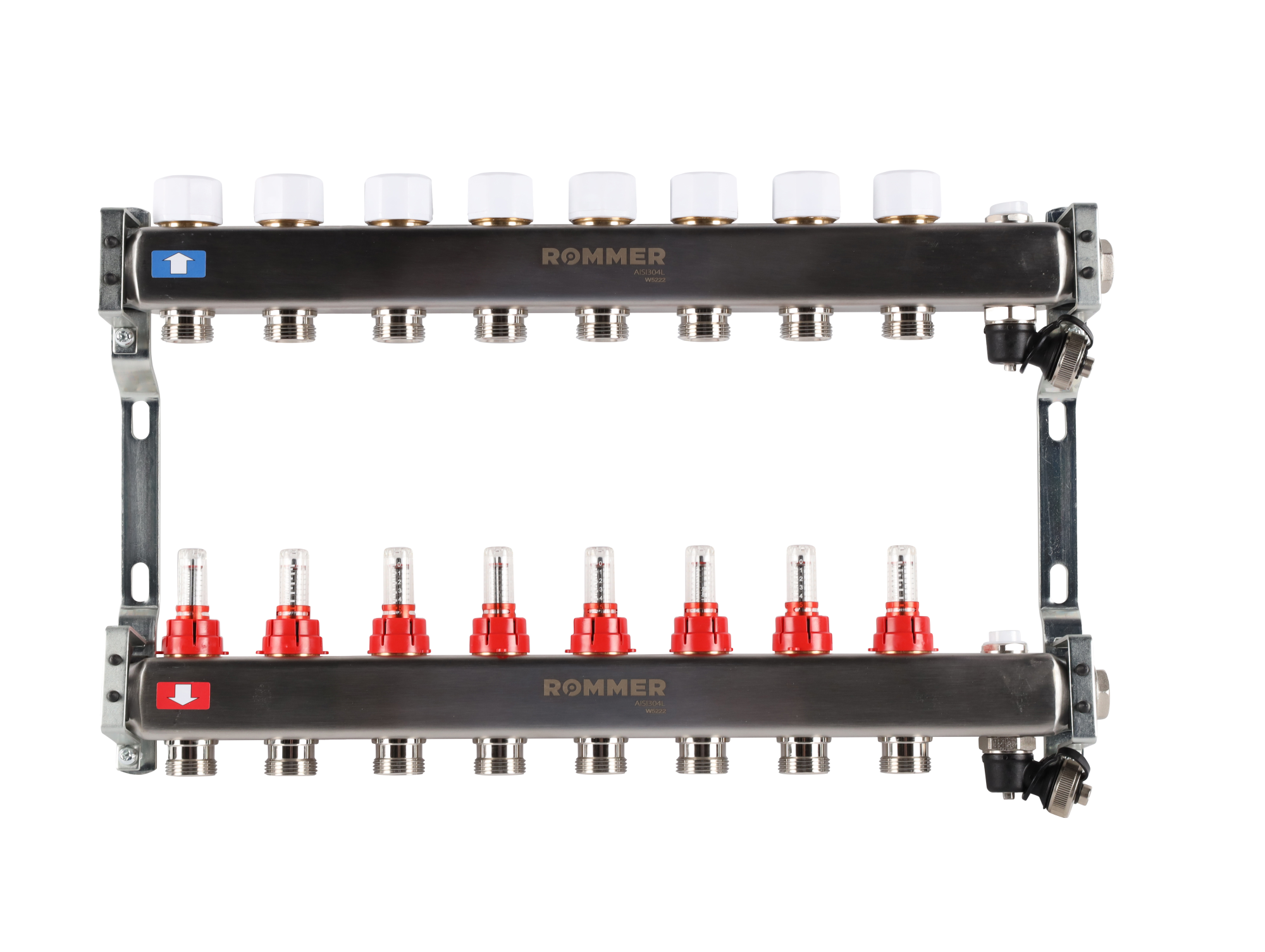 Коллектор ROMMER 1"х3/4" 8 выходов с расходомерами с клапаном выпуска воздуха и сливом