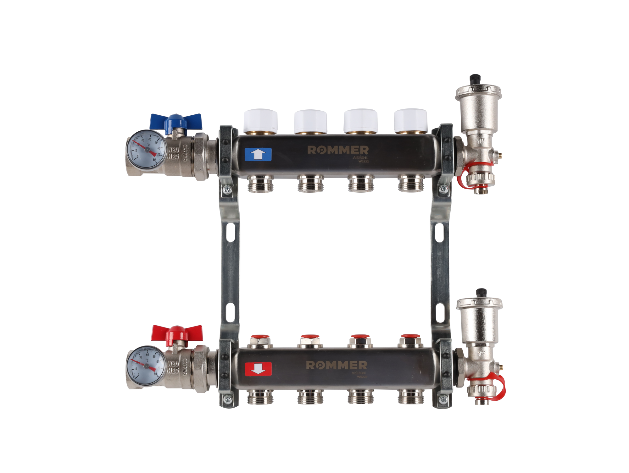 Коллектор ROMMER 1"х3/4" 4 выхода в сборе с запорными клапанами