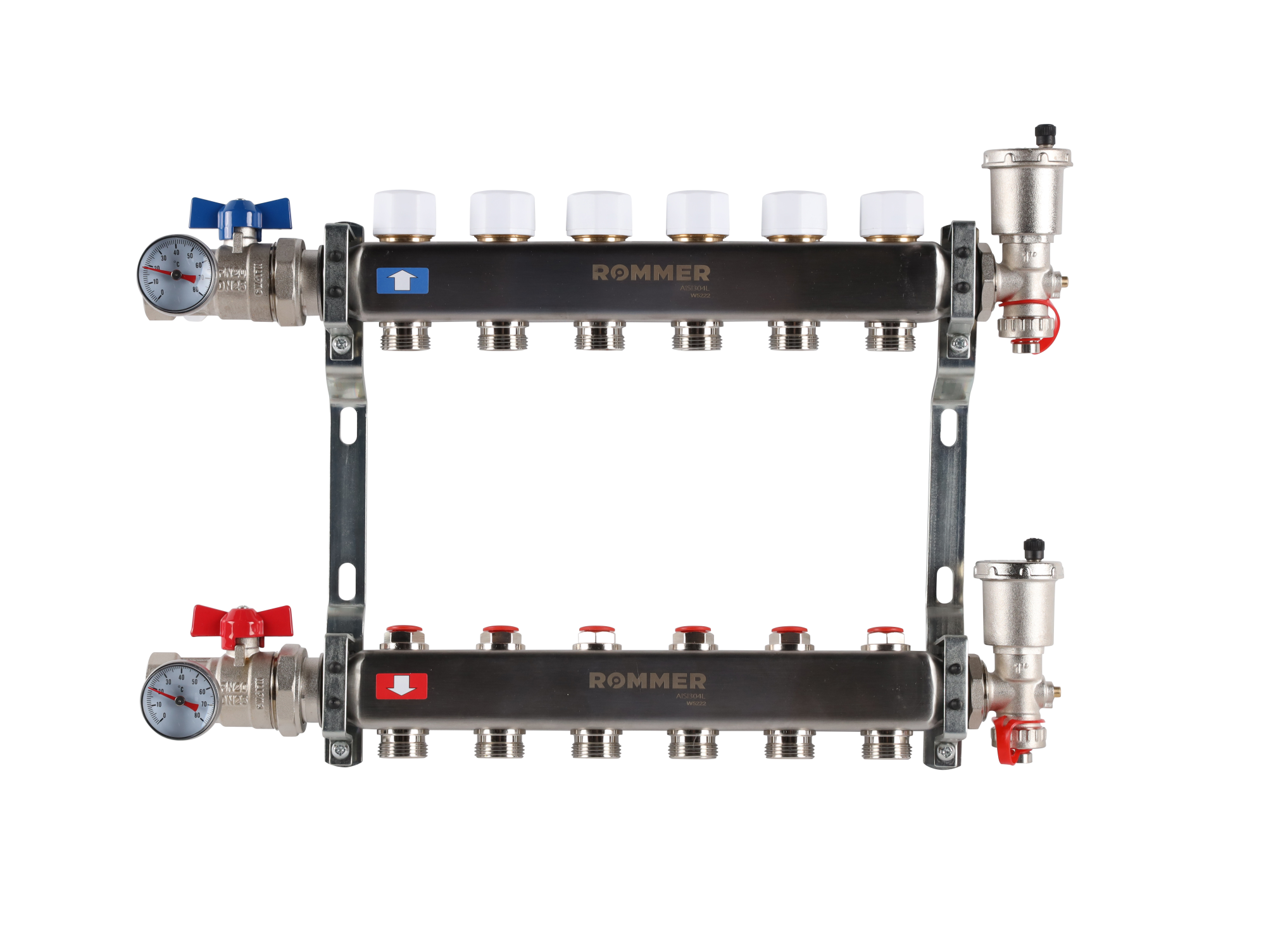 Коллектор ROMMER 1"х3/4" 6 выходов в сборе с запорными клапанами