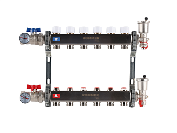 Коллектор ROMMER 1"х3/4" 6 выходов в сборе с запорными клапанами