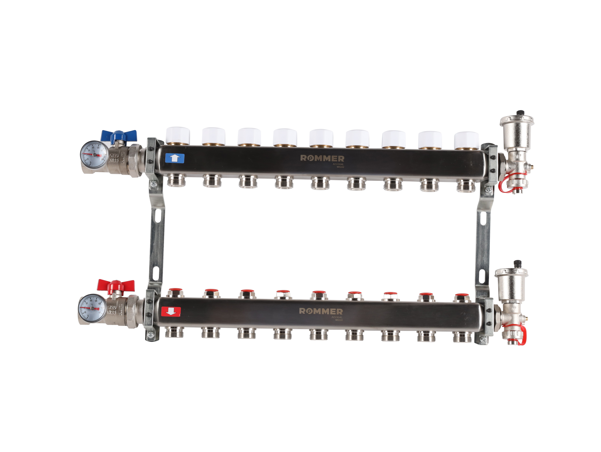 Коллектор ROMMER 1"х3/4" 9 выходов в сборе с запорными клапанами