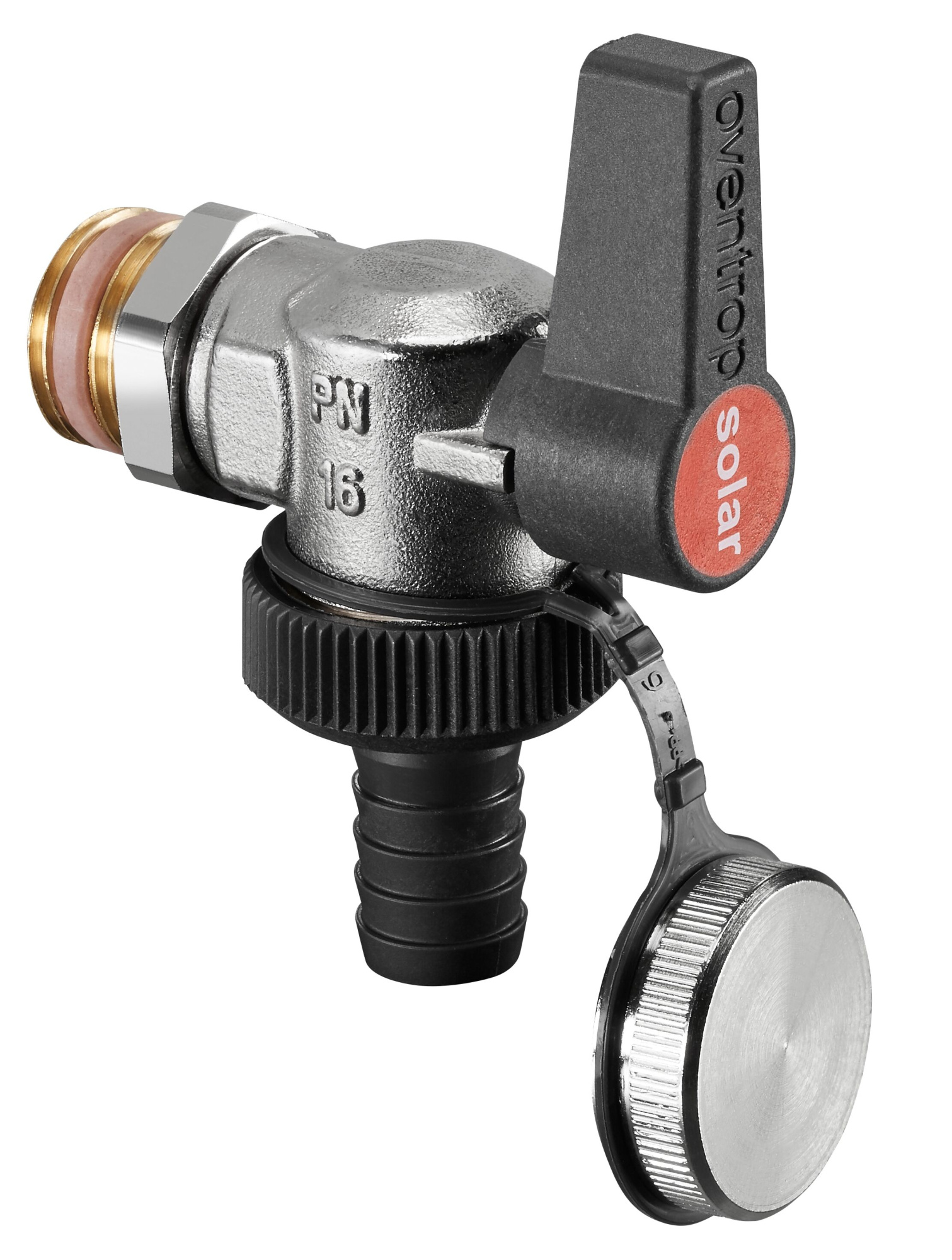 Кран шаровой OVENTROP DN15 1/2 угловой для гелиосистем со штуцером под шланг с колпачком