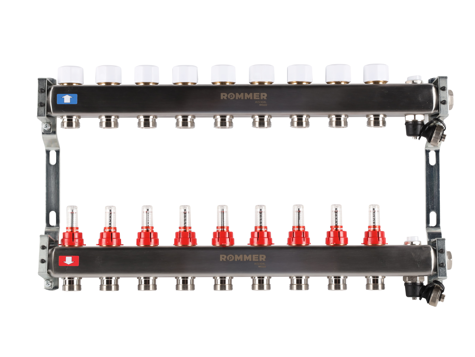 Коллектор ROMMER 1"х3/4" 9 выходов с расходомерами с клапаном выпуска воздуха и сливом