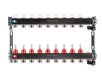 Коллектор ROMMER 1"х3/4" 9 выходов с расходомерами с клапаном выпуска воздуха и сливом